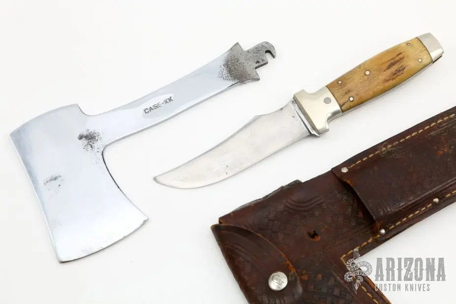 Rare Vintage Case Knife Hatchet Set And Leather Sheath - Interchangable Blade 3 Rare Vintage Case Knife Hatchet Set And Leather Sheath - Interchangable Blade